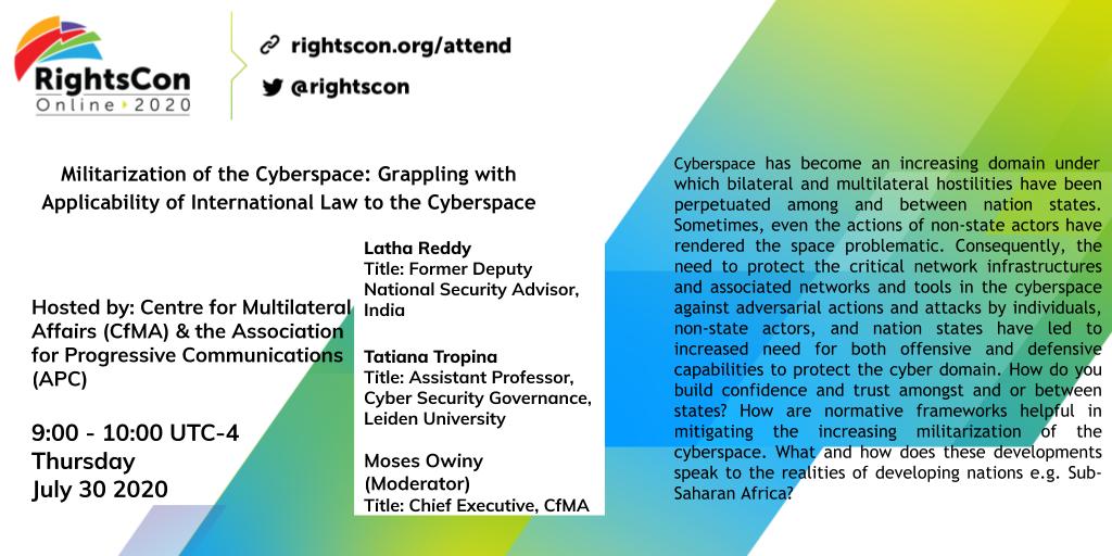 You are currently viewing RightsCon 2020: Militarization of the Cyber Space: Grappling with Applicability of International Law to the Cyber Space