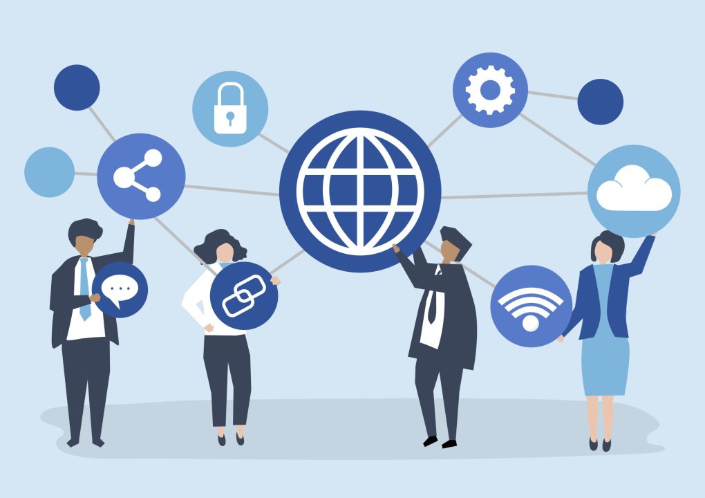 Character illustration of business people with connection icons